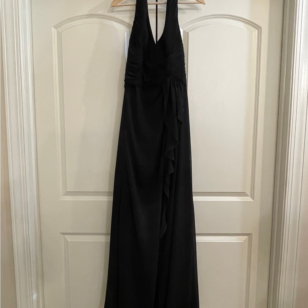 David’s Bridal V-Neck Black Halter Maxi dress with pleated and ruffle detail. - Picture 2 of 12